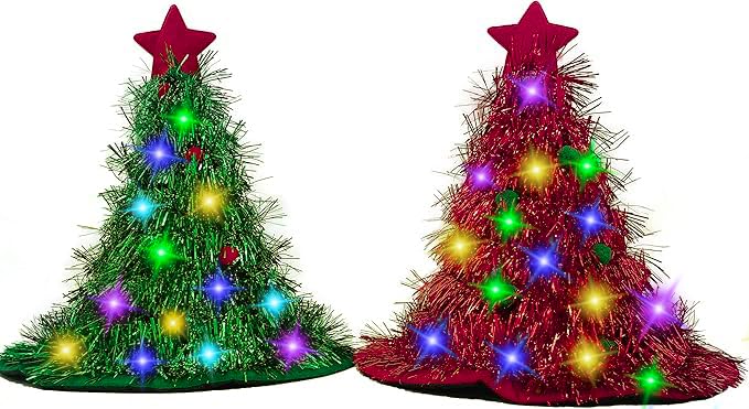 BUNVICK Christmas Hat Set, Multi-piece set, With 30 LED Colored Lights Christmas Tree Decorative Cap for Adult (2 Piece Set)