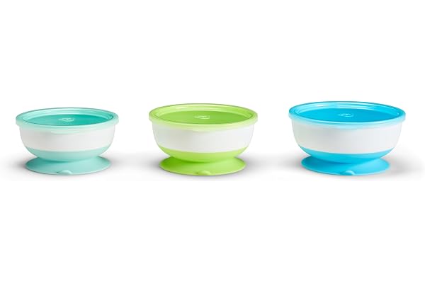 Munchkin Stay Put Suction Baby Bowls with Lids - Dishes for Babies and Toddlers, Self-Feeding Bowl Set for Kids 6+ Months, 3 Pack, Blue/Green