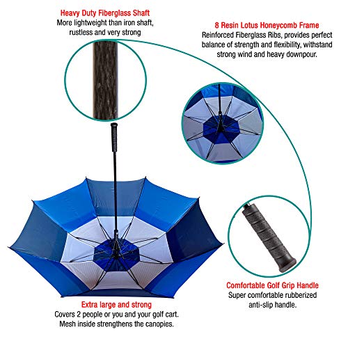 Procella Golf Umbrella Windproof Waterproof - 62 Inch Large Automatic Open Rain & Wind Resistant Vented Double Canopy - Best Golf-Sized Stick Umbrellas for Men and Women (Navy Blue/Light Blue)