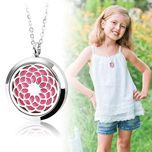 Maromalife Diffuser Necklace Aromatherapy Essential Oil Diffuser Necklace Stainless Steel Sunflower Locket Pendant with 10 Colors Refill Pads
