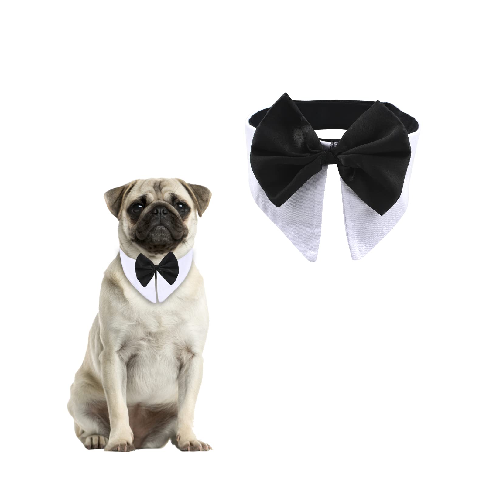 HACRAHO Dog Tuxedo Bowtie, 1 Pack White Formal Pet Bowtie Collar Soft Cotton Dog Tuxedo Wedding Costume Collar with Black Bowtie for Dogs Cats Pets, Neck Girth 18.98-20.98"