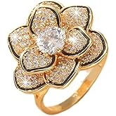 Kokoma Sparking Rhinestone Camellia Flower Ring for Women Cubic Zirconia Double Layers Floral Statement Ring Finger Bands Eternity Engagement Promise Band Dainty Jewelry