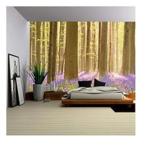 A Beautiful Blooming Bluebell Forest in Early Morning Sunlight - Removable Wall Mural | Self-Adhesive Large Wallpaper - 66x96 inches