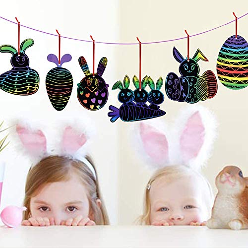 LEEFENGQI [48 Pack] - Easter Rainbow Scratch Card, Easter Eggs Carrots Bunny Scratch Art with 48 Ribbons and 24 Wooden Styluses for Easter Party Favor, Creative Easter Gifts for Kids
