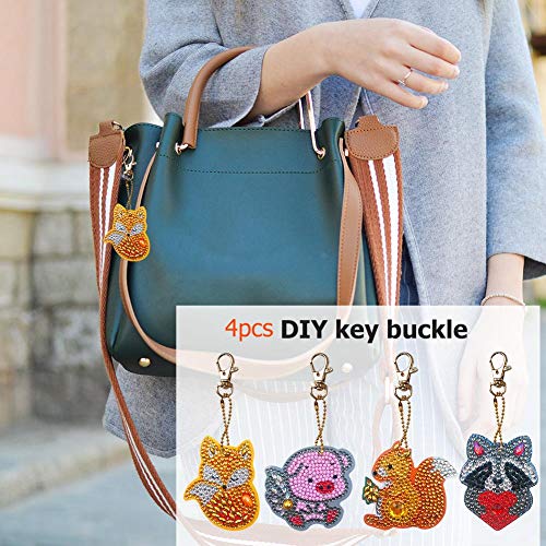 DIY Diamond Painting Keychain Animal Gift Key Ring Full Drill Mosaic Making Diamond Painting Pendant for Art Craft Key Ring Phone Charm Bag Decor(4 Pack)