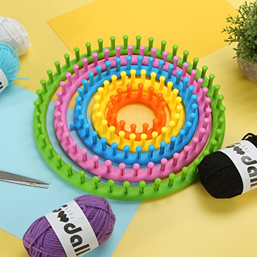 VGOODALL 5PCS Round Knitting Loom Set Circular Loom Set with 4 Skeins Acrylic Yarn for Hat Scarf Shawl Sweater Sock Knitter