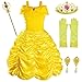 Princess Costume for Girls Birthday Party Fancy Dress Up with Accessories(Crown+Wand+Earrings+Gloves) Yellow