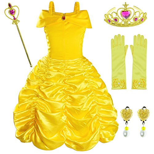 Princess Belle Costume Birthday Party Fancy Dress Up For Girls with Accessories(Crown+Wand+Earrings+Gloves) 3-4 Years(105cm)