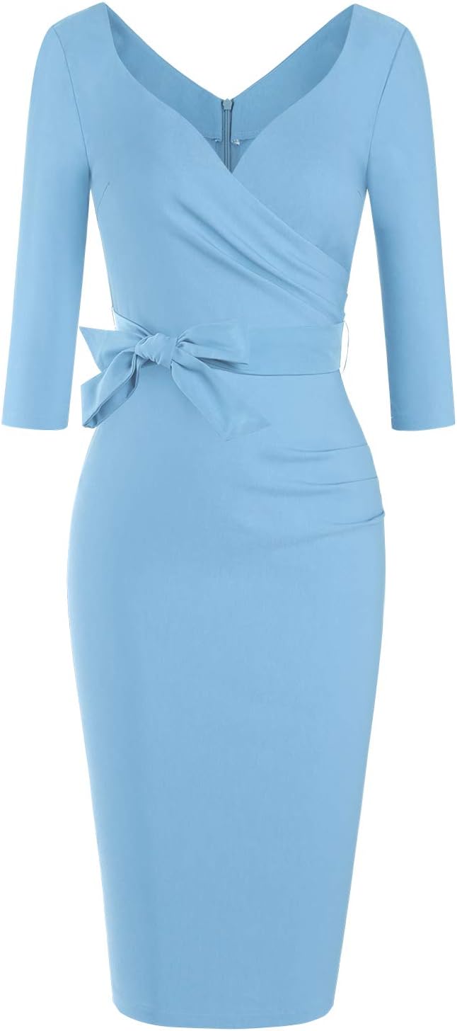 MUXXN Women's Classic Retro V Neck Half Sleeve Sheath Formal Juniors Dress