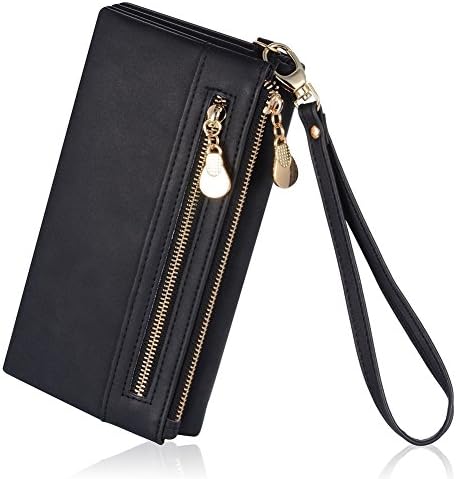 Women Leather Wallet with Wristlet Strap Zipper Phone Card Holder Clutch Purse