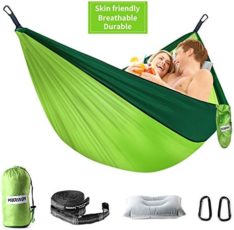 HODGSON Camping Hammock Single &amp; Double Hammock with Heavy Duty 14 Loops Hammock Tree Straps &amp; Air Pillow, Portable Parachute Nylon Hammock for Backpacking, Travel, 118” x 78” (Green)
