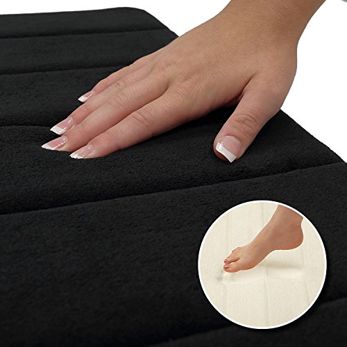 2Pcs Black 17"x 24" Non Slip Coral Velvet Bathmat Absorbent Bath Rugs Memory Foam Bath Mats with Anti-Skid Bottom