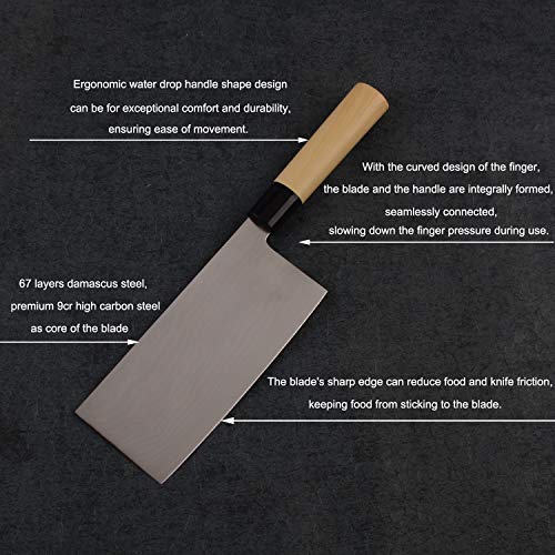 NASATER Chinese Cleaver 9CR 67 Layers Damascus Steel 7 Inch Meat Vegetable Chopper Butcher Knife with Ergonomic Wood Handle for Kitchen