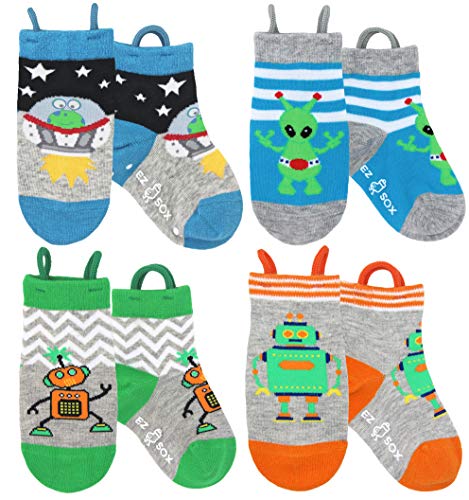 Ez Sox Toddler Boys Girls Socks Non Skid Seamless Toe Anti Slip Grip Pull Up Loops (Large, Aliens-Robots)