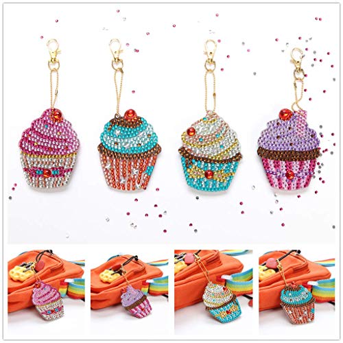 5D DIY Diamond Painting Keychain, 4 pcs Cupcake Shape, Mosaic Making Full Drill Special Shape Diamond Painting Kit for Bags, Smartphone Straps, 4 Pack