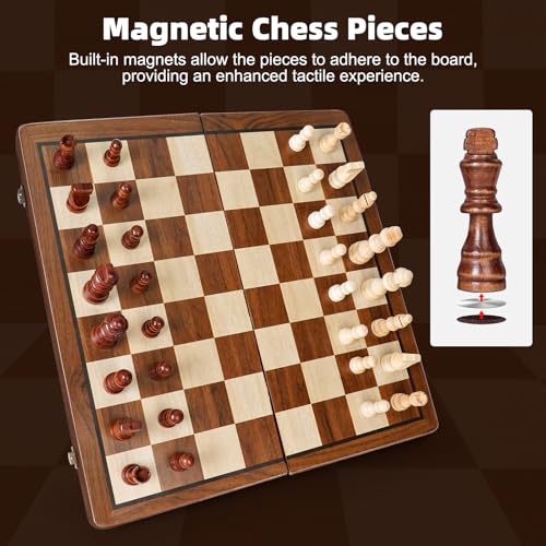 Wooden Chess Board, 2 in 1 Magnetic Chess Board, 39 x 39 cm, Professional Folding Portable Chess Board and Magnetic Checkerboard with Storage Bag, Checkers for Children and Adults Parties