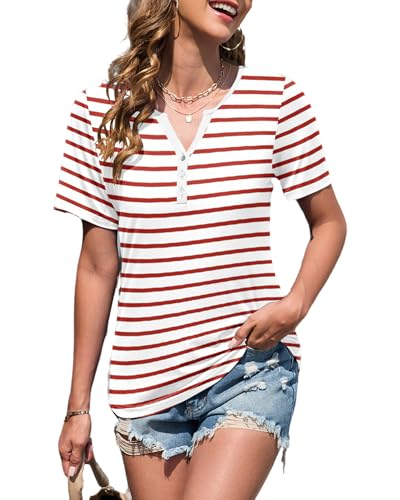WNEEDU Women's Summer T-shirts Short Sleeve Elegant Blouses with V Neck and Buttons Top Tshirt