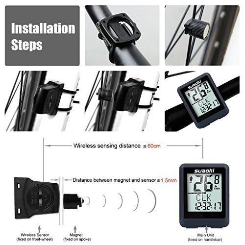 SUAOKI Wireless Bike Computer Bicycle Speedometer Bike Odometer with LCD Backlight, 5 Language Displays, Auto Power On/Off Systems, Multi Function for Cycling