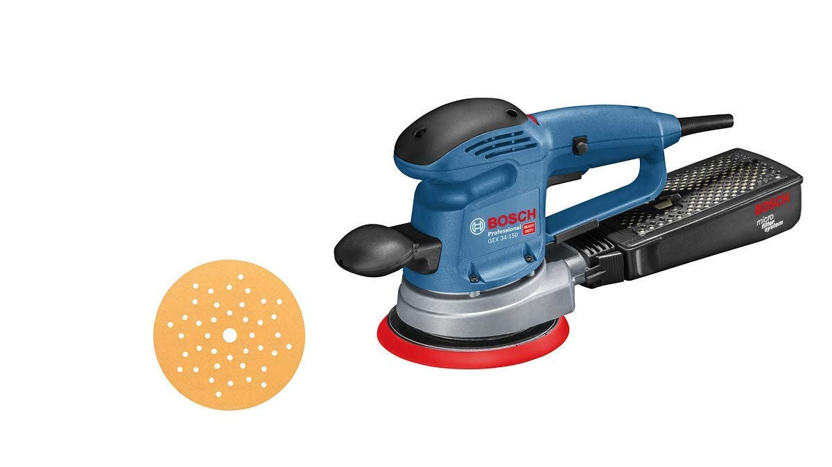 Bosch Professional Random Orbit Sander GEX 34-150 (240V, incl. Sanding disc Dia. 150 mm, C470 Sanding Sheet for Wood, Extraction Adapter)
