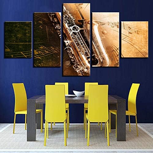 QAZWSY Wall Pictures Home Decor Living Room Art Modular 5 Panel Saxophone Musical Instrument Hd Printed Canvas Painting