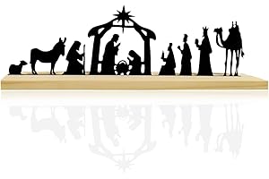 Akulgaci Metal Nativity Set Christmas Decorations Black Metal Nativity Scene with Wooden Base for Xmas Holiday Home Indoor Mantel Table Shelf Decor Tabletop Office Decor