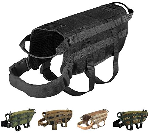TACTICAL DOG VEST HARNESS K9 MOLLE HUNTING MILITARY HOOK AND LOOP PATCH PANEL XS, S, M, L, XL (BLACK, M: Chest up to 26")