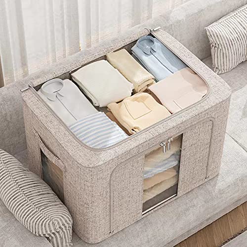 Ymlike 2 Pack Clothes Organizer Box Storage, Foldable Metal Frame Clothing Storing Bins with Double Visable Window, Large Capacity Cloth Container with Reinforced Handles, (66 L, Grey)