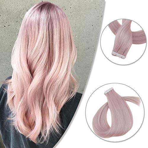 RUNATURE 10pcs/20g Party Hair Accessories Tape in Pink Color Hair Extensions 12″ Straight Human Remy Hair Glue on Adhesive Seamless Skin Weft Smooth Silky Hair Extensions