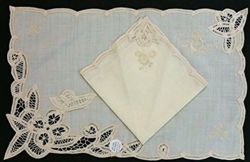 Battenburg Lace Table Placemats and Napkin Set with Embroidery Vintage Ecru / Beige Set Of Six