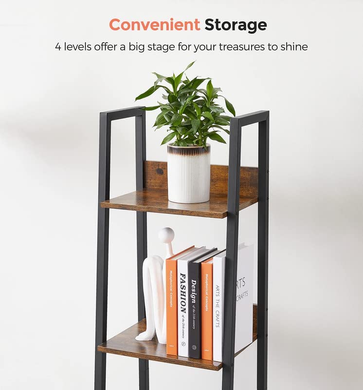VASAGLE Bookshelf, 4-Tier Narrow Book Shelf, 11.8 x 13.3 x 55.1 Inches, Ladder Shelf for Home Office, Living Room, Bedroom, Kitchen, Rustic Brown and Ink Black ULLS108B01