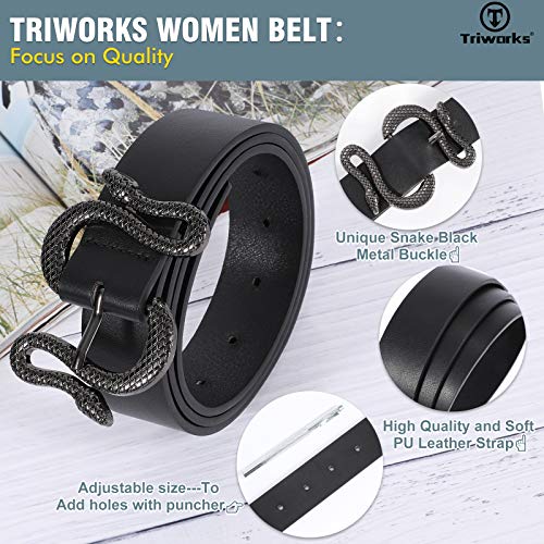 Triworks Belt For Women Fashion Leather Belt Gold/Black Snake Buckle Belt for Jeans, Pants, Dresses, Shorts