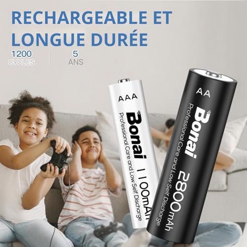 BONAI Rechargeable Batteries AA and AAA (Pack of 16, 8AA + 8AAA) - Mixed Pack NiMH 1.2V High Capacity 2800/1100 mAh | 1200 Cycles, Low Self-Discharge, Perfect for Home Equipment