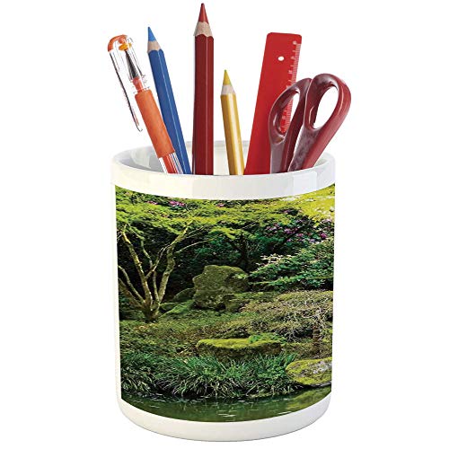 Pencil Pen Holder,Country Home Decor,Printed Ceramic Pencil Pen Holder for Desk Office Accessory,Pond in Asian Style Garden Arboretum Trees Bush Foliage Rocks Waterscape Picture