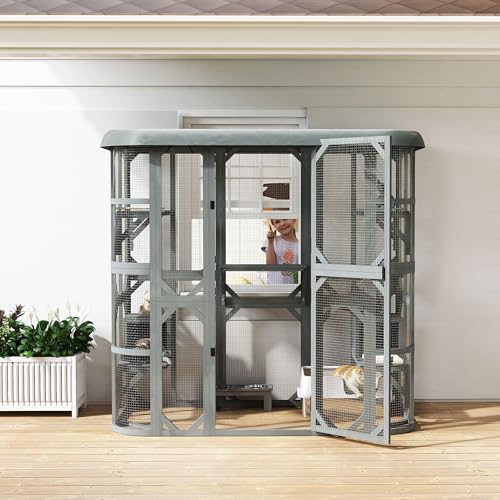 PawHut Catio Outdoor Cat Enclosure, 71" H Wooden Cat House with 5 Jumping Platforms, 2 Condos and Waterproof Cover, Walk-in Kitty Cage for 2–3 Kittens, Grey
