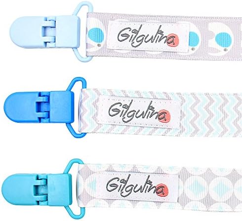 Pacifier Clip Boys with Gilgulina Pacifier Case, Quality 3 Pack Blue Baby Pacifier Holder, Stylish Soothie Pacifier Clip, Perfect Baby Shower Gift
