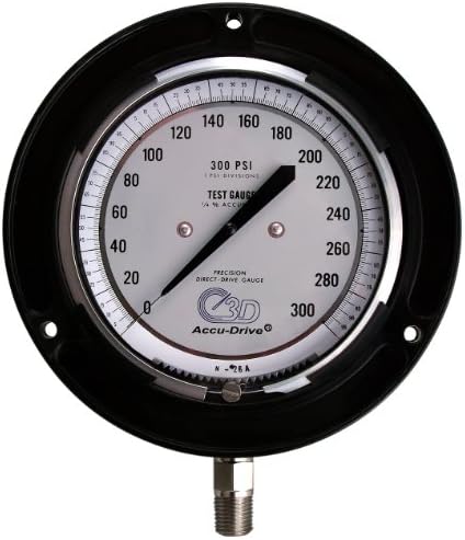 3D Instruments 25 Series Accu-Drive ABS Plastic Case Pressure Test Gauge with Stainless Steel 316 Internals and Panel/Wall Mount, 4-1/2" Dial, 0-1000 psi Range, +/- 1% Accuracy, 1/4" Male NPT Bottom Connection, Black