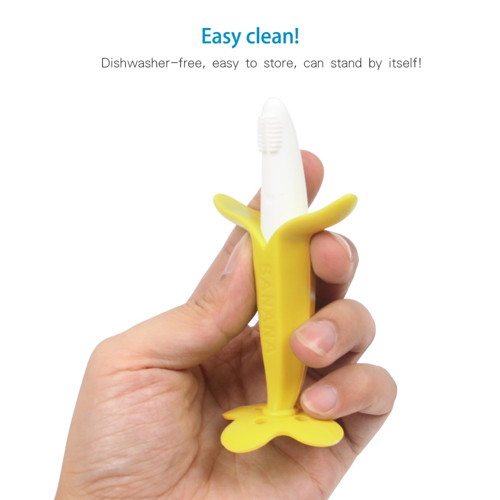 Home Best Buy Baby Toothbrush Banana Teether Teething Toys Chewable Silicone Teethers with Standing Base BPA-Free FDA Approved