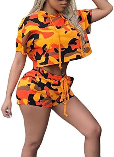 Spirio Women Camouflage 2 Piece Set Short Sleeve Hoodie Crop Tops+Shorts Outfits 1 M