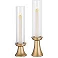 NUPTIO Taper Candle Holders Gold: Set of 2 Candlestick Holder with Hurricane Glass Cover - Tall Metal Candles Stick Stand for Home Christmas Seasonal Fireplace Living Room Decor