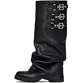 EQAUDES Knee High Boots Women Fall Slouchy Fold Over Tall Boots - Motorcycle, Hidden Zipper, Fashion Buckle, Platform, Square Toe