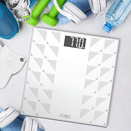 Digital Body Weight Bathroom Scale, FXQ High Precision Sensor Digital Bathroom Scale with Large Blue LCD Backlight Display, 8MM Shatter-Resistant Tempered Glass and Body Measuring Tape (White)