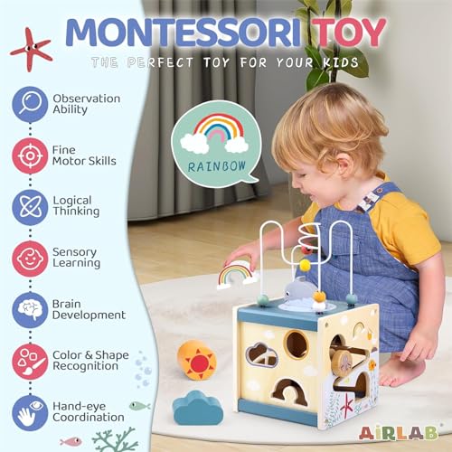 AM ANNA Wooden Activity Cube for Toddlers 1-3, in 1 Ocean Animal Shape Sorter Bead Maze Montessori Toys Baby 6-12 Months,Baby Activity Cube 1-3 Boys Girls Baby Sensory Interactive Birthday Gift