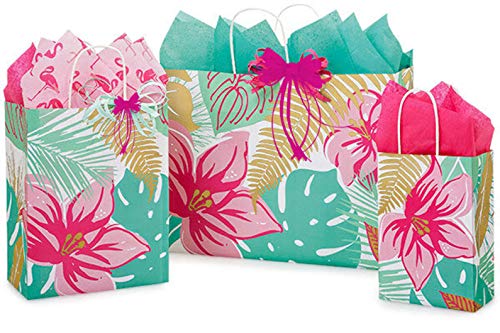 Gift Bags, Assorted Sizes, Bundled with Coordinating Tissue Paper and Raffia Ribbon (Tropical Paradise)