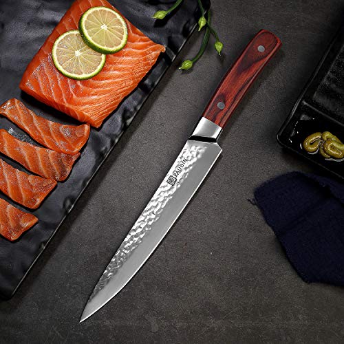 Carving Knife 8 Inch, PAUDIN Narrow Chef Knife of Slicing Sashimi, Meat, Sharp Kitchen Knife, 7Cr HC German Stainless Steel with Hammered Pattern