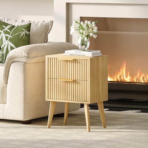 YAUKOMEL Nightstand with 2 Drawers,Fluted Bedside Table,Natural Wood Night Stand,Light Wood Side Table with Solid Wood Legs,End Table for Living Room,Bedroom,Small Space Natural CAACTG55Y