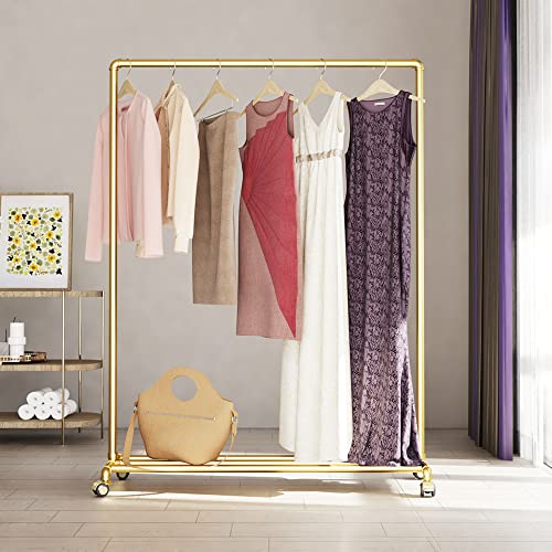 Gold Pipe Clothing Racks on Wheels Garment Rack with Bottom Shelf Heavy Duty Clothes Rack Hanging Rack Closet Organizer for Bedroom,Retail(Gold)