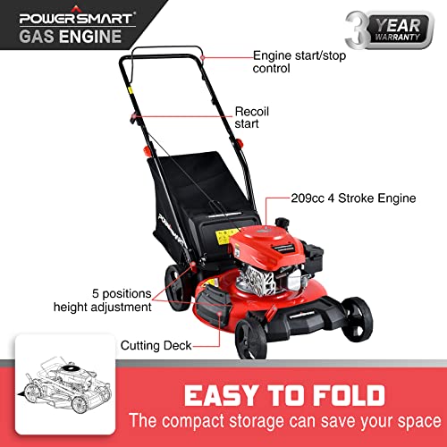 PowerSmart Lawn Mower Gas Powered with Bag, 21 Inch Push Lawn Mower