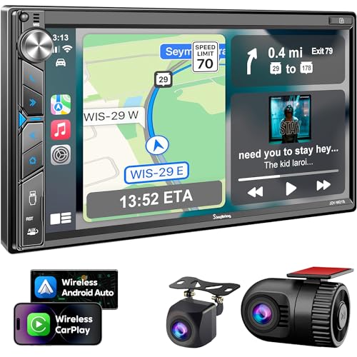 Double Din Car Stereo with Dash Cam - Voice Control Carplay, Android Auto, Steering Wheel Controls, 7" HD Touchscreen, Backup Camera, Bluetooth, Mirror Link, Subw, USB/TF/AUX, AM/FM Radio Receiver