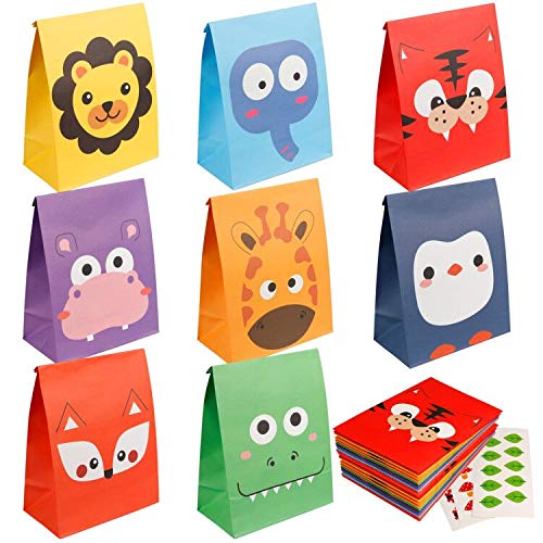 mocoosy - paquete de 24 bolsas de regalo para fiestas de animales, bolsas de dulces para niños, para animales de la selva, zoológico, cumpleaños, baby shower, suministros para fiestas, color arcoíris, 8 estilos