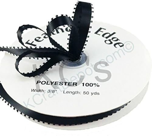 3/8" Black Double Faced Satin Ribbon with PICOT Feather Edge 50 Yard Spool 100% Polyester by KCraftDepot